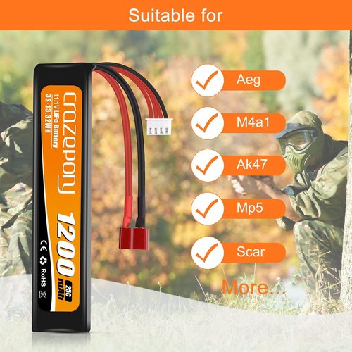Crazepony 11.1V 1200mAh Airsoft Battery - Rechargeable 3S LiPo 25C with T-Plug & JST XH Connector