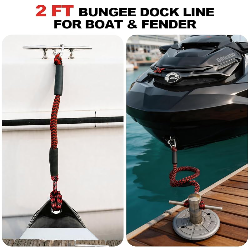 2 ft Bungee Dock Lines with 316 Stainless Snap Hooks – 2 Pack for Boat Mooring (Red & Black, 2 Feet) - Geelu