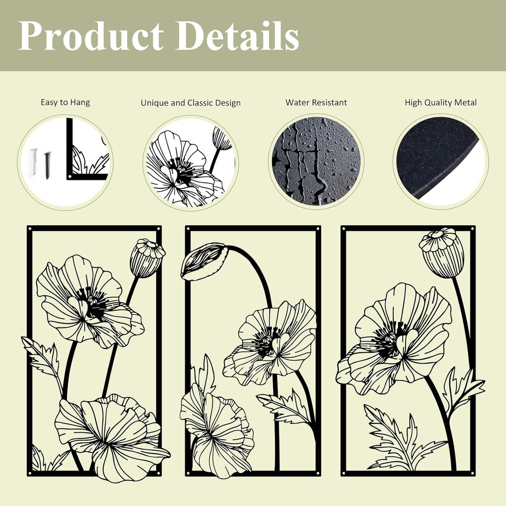 Resama Black Metal Flowers Wall Decor - Minimalist Abstract Floral Art for Bedroom, Bathroom, Kitchen