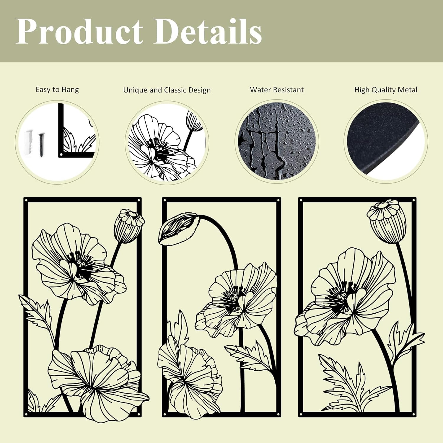 Resama Black Metal Flowers Wall Decor - Minimalist Abstract Floral Art for Bedroom, Bathroom, Kitchen