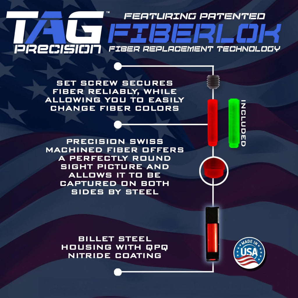 TAG PRECISION Optics Ready Gun Sights Compatible with Glock 10MM/.45 ACP | Durable CNC Machined Steel Nitride Coated Front & Rear Handgun Sights with Easy Customization | Fiber Front, Plain Rear (TSH)