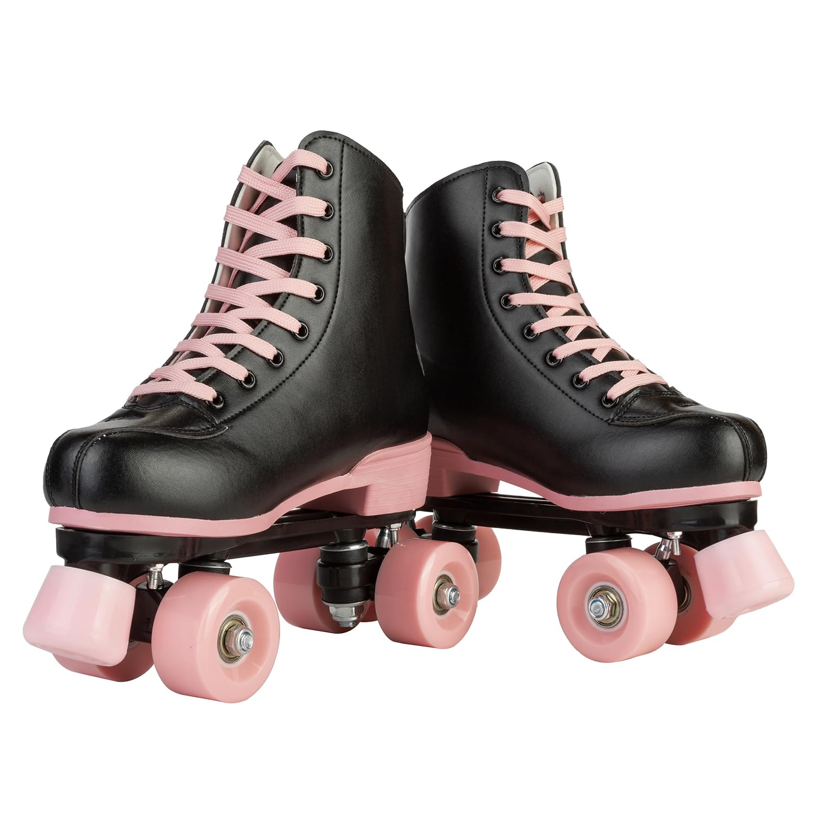 XUDREZ Roller Skates for Girls, Black PU Leather with Pink Light Up Wheels, Indoor Outdoor, Size 37-US Women 6, Youth 5