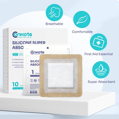 Conkote 10 Pack Silicone Super Absorbent Dressings for Wound Care, FSA or HSA Gentle Adhesive Bandages 5" X 5" Large High Absorbency Waterproof Bandages