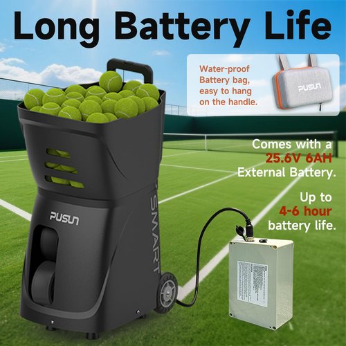PUSUN Tennis Ball Machine, Tennis Ball Launcher with App/Remote/iWatch Control, Max Speed of 75Mph, 1.8-8s/Ball, Multiple Training Modes(AI Drill/Programming/Random/Vary Speed) 4-6Hrs Battery Life