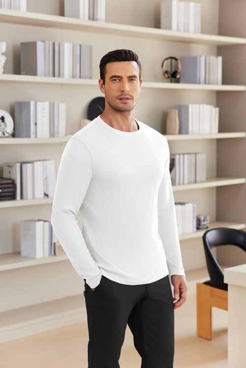Ekouaer Men's Long Sleeve Shirts Honeycomb Waffle Pullover Sweater Crewneck Thermal Tops Lightweight Undershirts White L