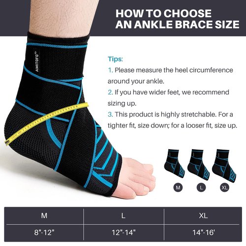 AMITOFO Ankle Brace for Sprained Ankle: Plantar Fasciitis and Achilles Tendonitis Relief, Heel Support for Men and Women with Strap for Foot Swelling and Compression (Single, Black Blue, Medium)