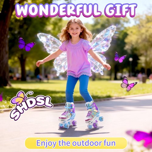 SHDSL Kids Roller Skates for Girls Boys Beginner, 4 Sizes Adjustable Quad Butterfly Roller Skates with All Light up Wheels, Birthday Gift for Girls Skates Indoor Outdoor Sports