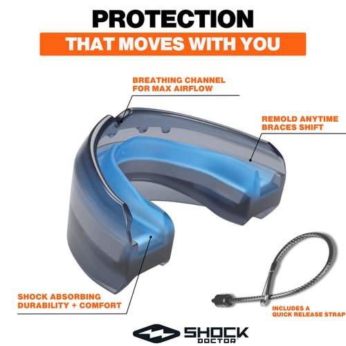 Shock Doctor Braces Football Mouth Guard, Upper and Lower Teeth. Convertible, Ultra Double Protection, Comfortable and Durable Mouthguard.