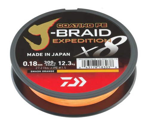 DAIWA J-Braid Expedition X8E, 0.06mm, 5.2kg/11.5lbs, 330yds, Smash Orange, Braided Fishing Line