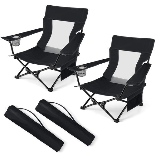 HaSteeL Folding Beach Chair Set of 2, Foldable Black Camping Chairs for Outside, Low Beach Chair Portable for Adults Fishing, Picnic, Outdoor BBQ, Travel, Sports, Cup Holder & Storage Bag
