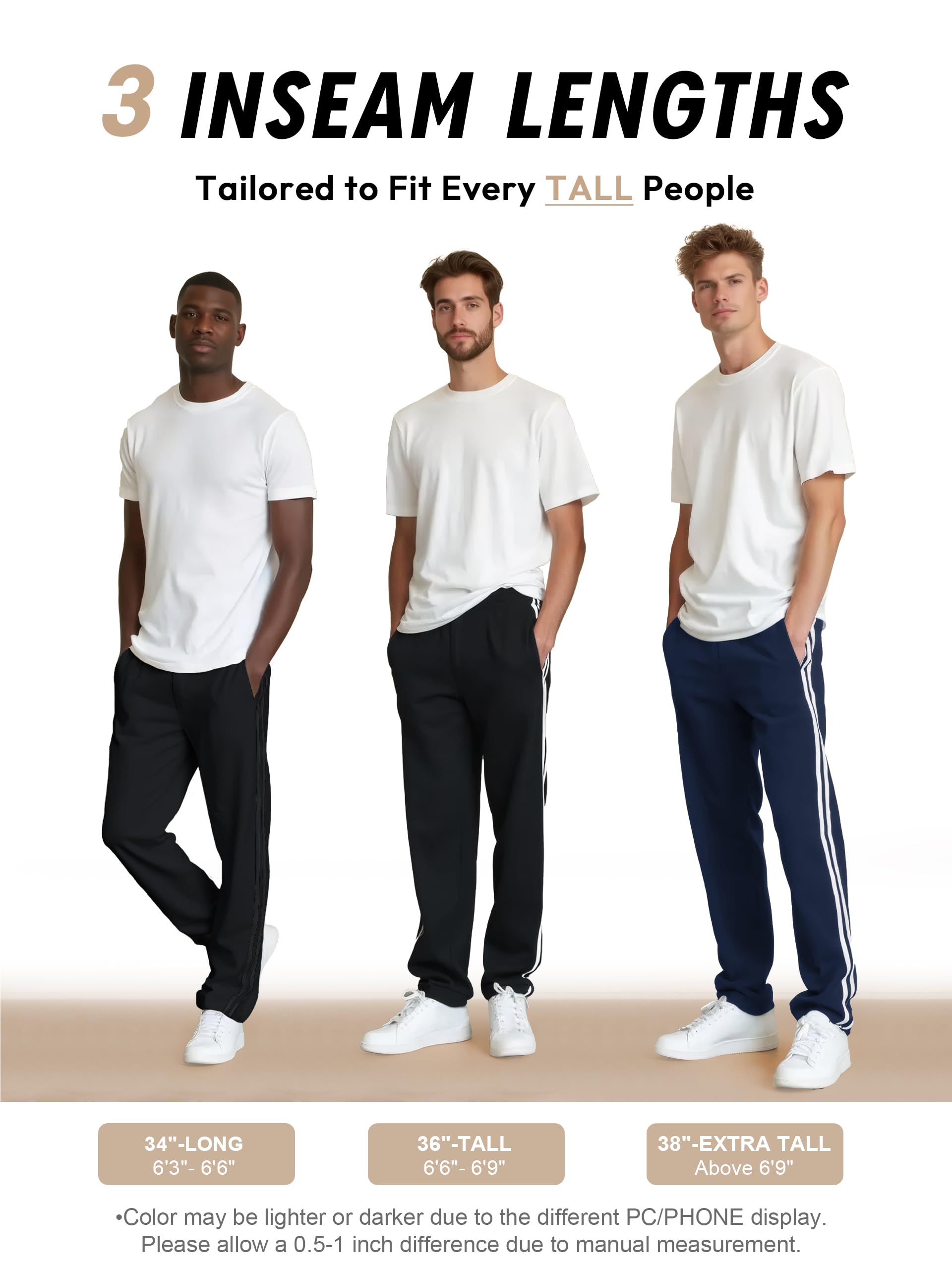Tallemon Men's 34" Long Inseam Track Pants Warm-up Sweatpants Open Hem Tracksuit Bottoms for Lounge Travel, Black/Black, M