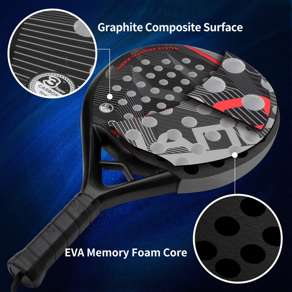 Padel Racket Carbon Fiber Surface with EVA Memory Flex Foam Core Padel Tennis Racquets Lightweight (8300-red)