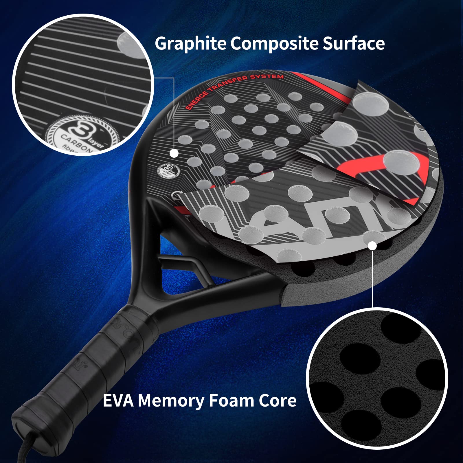 Padel Racket Carbon Fiber Surface with EVA Memory Flex Foam Core Padel Tennis Racquets Lightweight (8300-red)