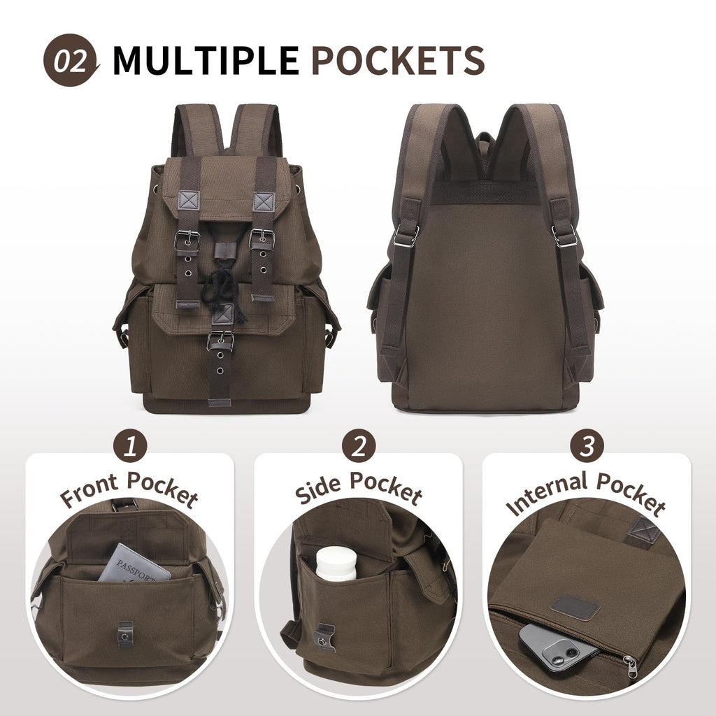 SUIKIHUM Vintage Canvas Backpack for Men Women, Durable Casual Daypack, Large Capacity Travel Rucksack Fits for Hiking and Daily Use (Coffee)