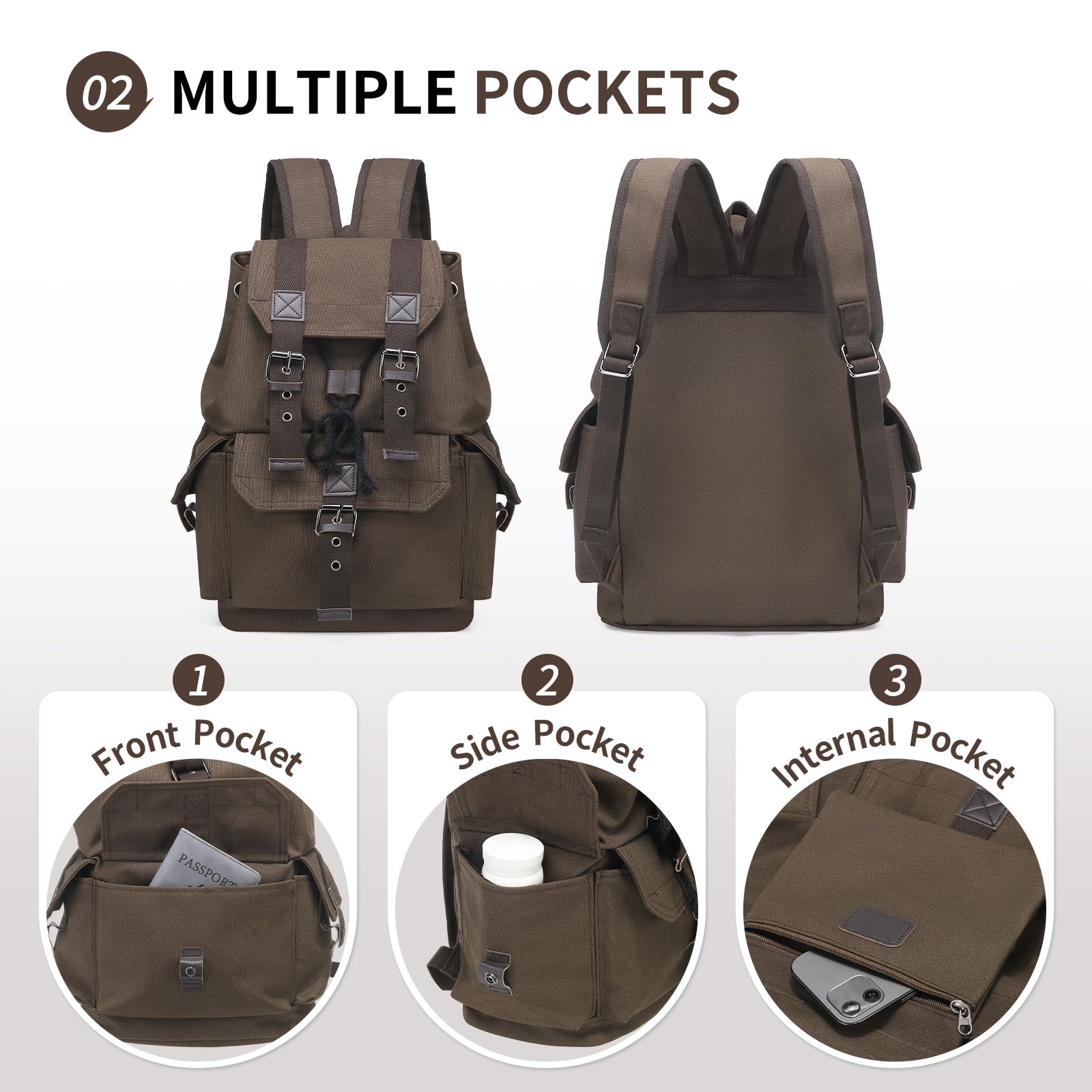 SUIKIHUM Vintage Canvas Backpack for Men Women, Durable Casual Daypack, Large Capacity Travel Rucksack Fits for Hiking and Daily Use (Coffee)