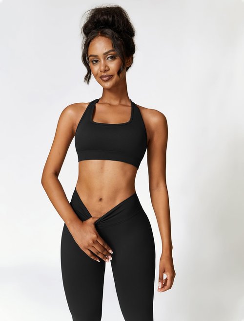 ABOCIW Workout Sets for Women 2 Piece Seamless V Back Scrunch Butt Lifting High Waist Leggings Cross Back Strappy Sports Bra for Women Gym Sets Y- Black Large