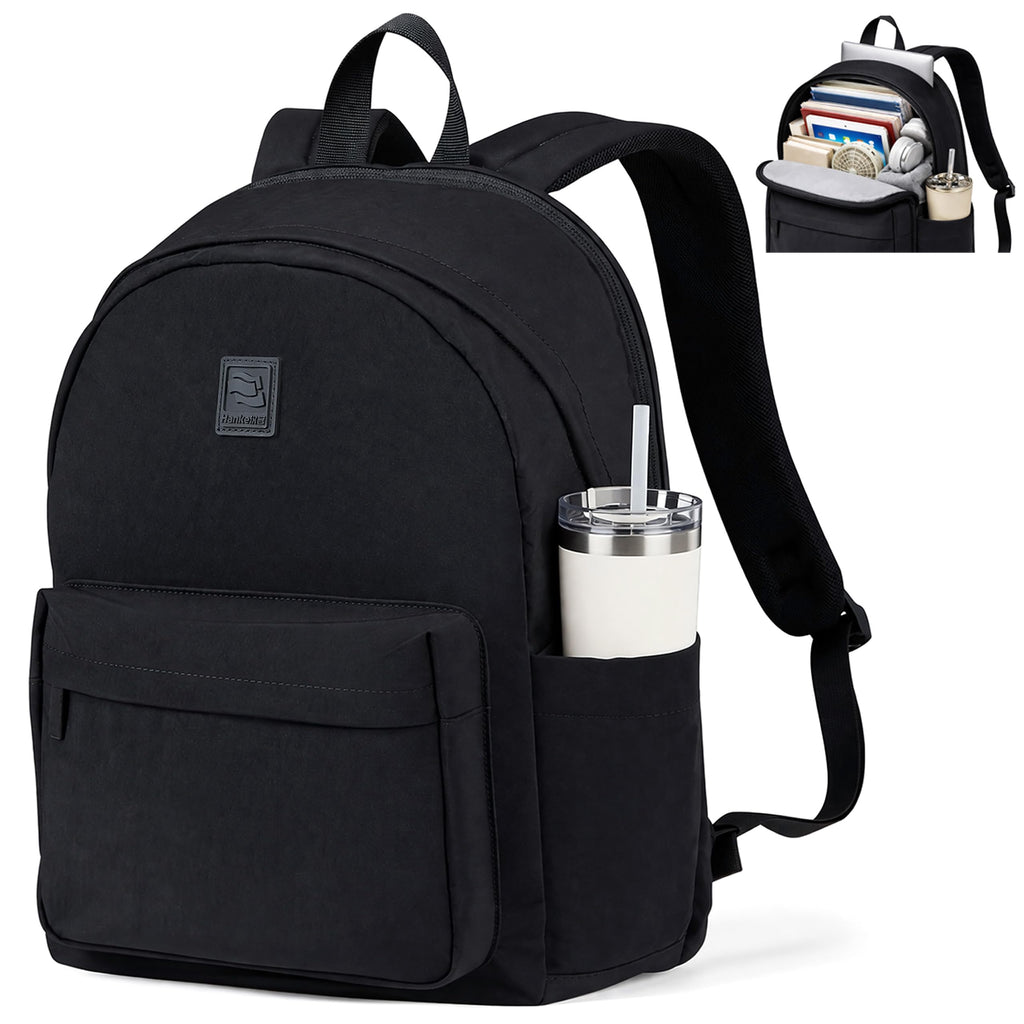 Hanke Travel Backpack for Women Men, 15.6 Inch Laptop College Backpack, Lightweight Small Computer Bookbag, Water-Resistant Casual Daypack, Black