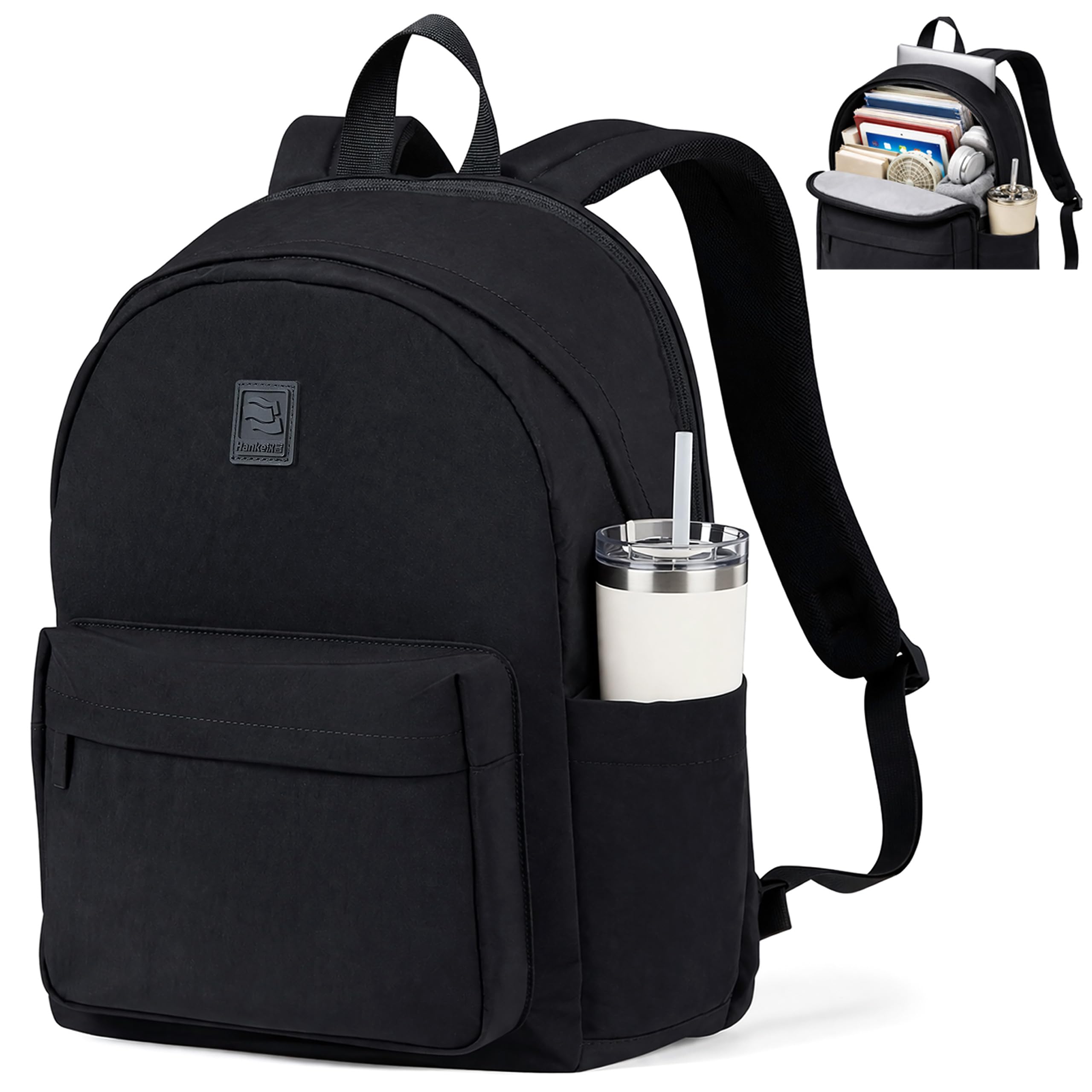 Hanke Travel Backpack for Women Men, 15.6 Inch Laptop College Backpack, Lightweight Small Computer Bookbag, Water-Resistant Casual Daypack, Black
