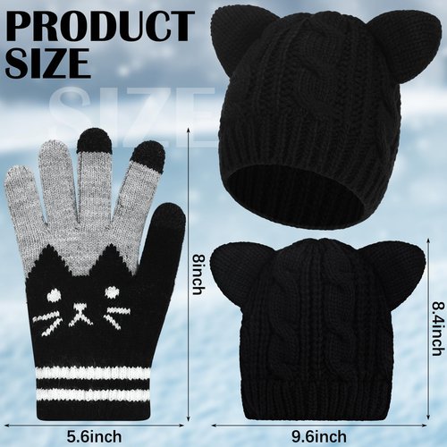 Ramede Women's Cute Cat Ears Beanie and Touchscreen Gloves Set, Double-layered Knitted Winter Hat Warm Woollike Crochet Ski Headgear and Knit Gloves New Year Anime Gifts for Women for Cold Weather