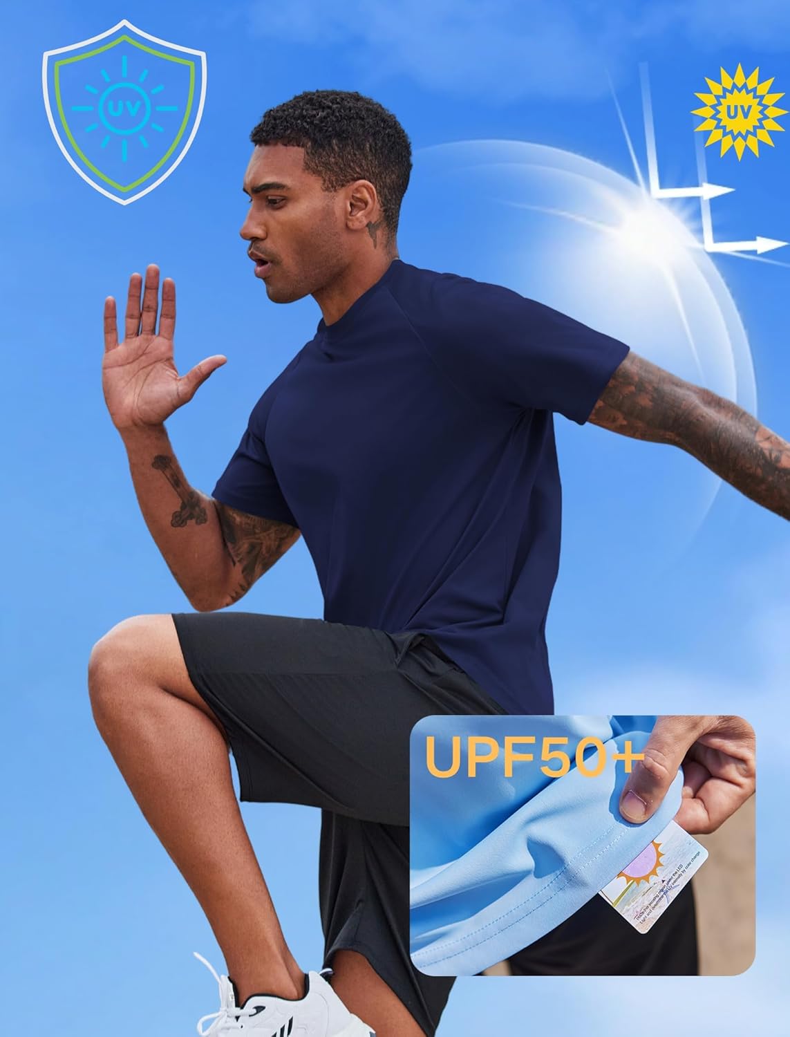 PINSPARK Men's UPF 50+ Sun Protection Swim Shirts - Quick Dry Short Sleeve Athletic Rash Guards