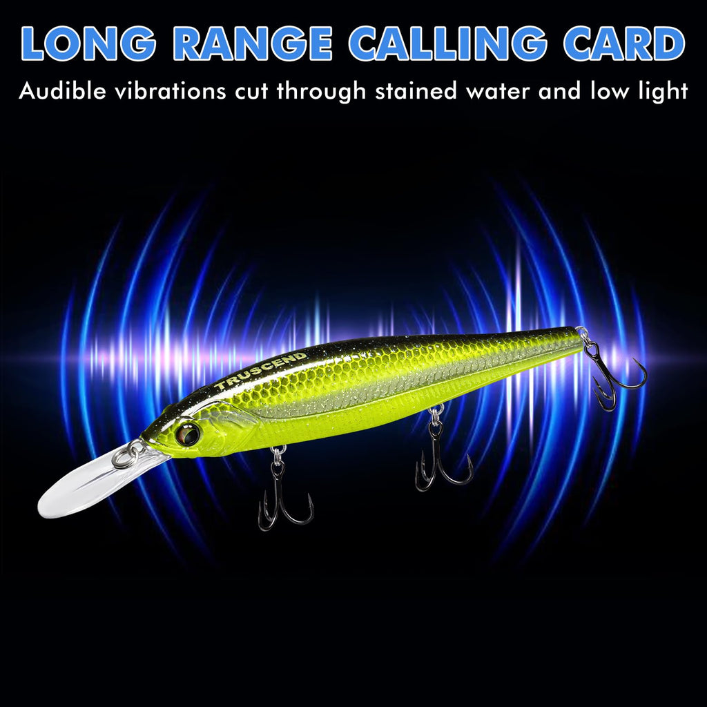 TRUSCEND Suspending Jerkbait Fishing Lures, Precision-Engineered Minnow with Sound, Flash & Irresistible Action, Cast Farther, Glow Brighter and Rattle Louder Jerkbaits for Bass Walleye Pike Catfish
