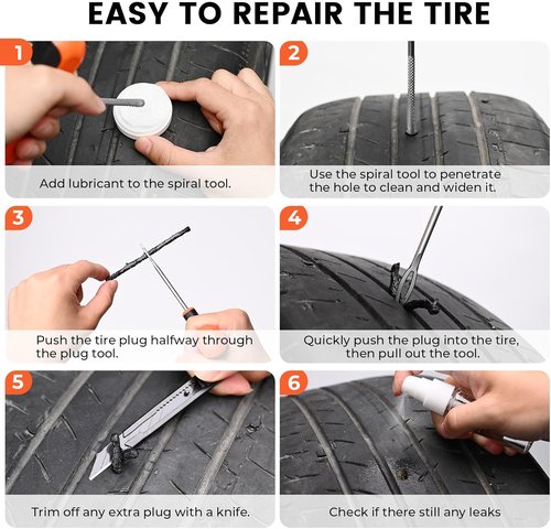 ETENWOLF Heavy-Duty Flat Tire Repair Kit - 16 Pcs Tire Plug Kit for Car, Motorcycle, ATV, Truck | Vivid Orange
