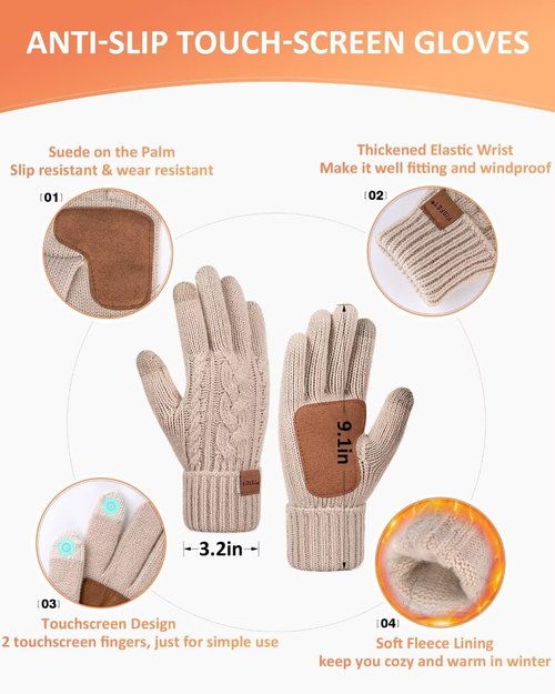 Winter Beanie Hat Scarf Gloves Set for Women, Pom Pom Beanie with Fleece Lined Long Knit Neck Warmer Touchscreen Gloves, Warm 3 in 1 Stocking Stuffers Gift Set for Mom Her Cold Weather(White)