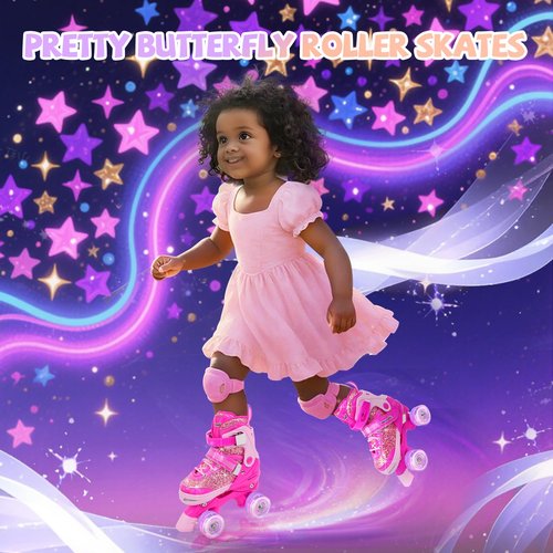 HolaDream Sequins Adjustable Kids Roller Skates with Light Up Wheels & Safety Protection for Beginners, Toddler Roller Skates Girls Ages 5-8, 8-12 for Indoor Outdoor Sports