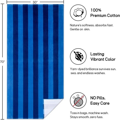 Cabana Large Beach Towel - Oversized Cotton Velour 35 x 70 Inch Blue Striped Pool Towel for Adults