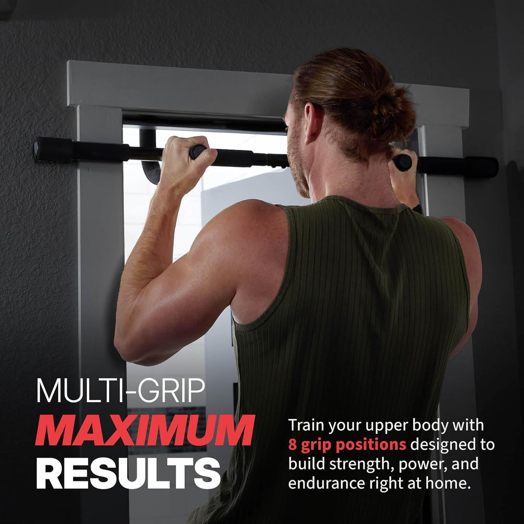 SPRI Pull Up Bar - Versatile 8-Grip & 12-Grip Door Frame Mount - Rugged Steel, Foam Handles - Supports 300 lbs, Fits Up to 32" Wide - Black
