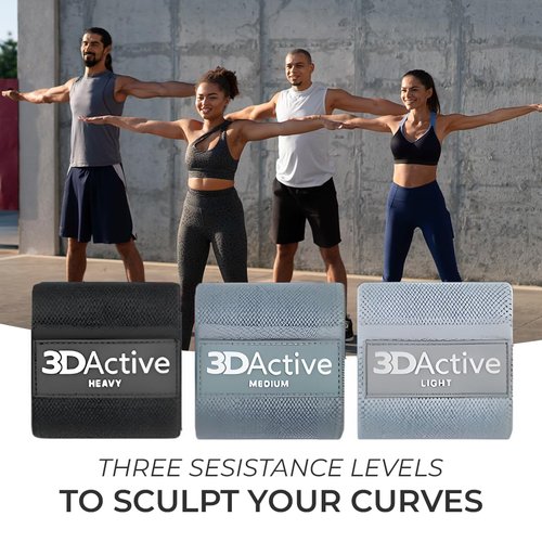 3DActive Fabric Resistance Bands for Legs & Butt. Wide Non-Slip Hip Band Set for Home & Gym Workouts. Exercise Guide & Carry Bag Included - Black, Dark Grey, Light Grey.