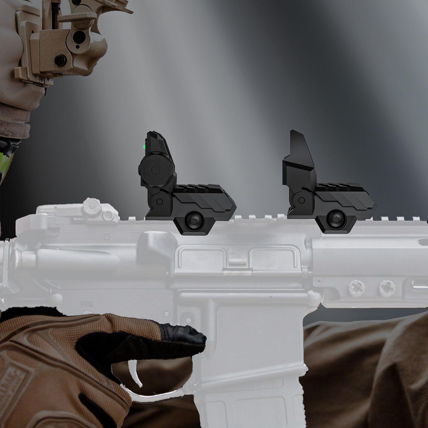 Skiennix Folding Fiber Optic Sights - Flip-Up Front & Rear Backup Sights for Picatinny Rails | Red & Green Dots