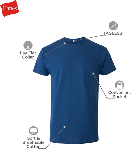 Hanes Men's Pocket T-Shirt Pack - 6 Cool & Breathable Cotton Tees | Stay-Tucked Undershirts