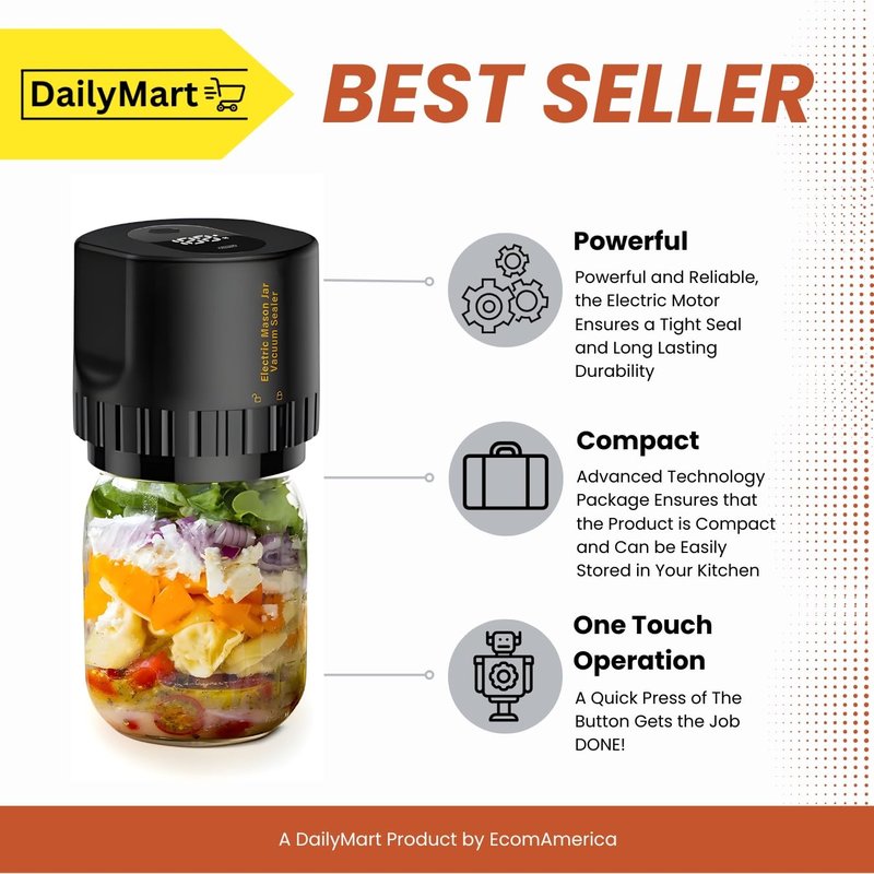 Electric Mason Jar Vacuum Sealer Kit, Portable, Automatic Start Stop, Wide Mouth and Regular Lid, Opener and Lids Included, for Canning Sealing Preserving Jars, Pickling, Jams Food Storage (Black)