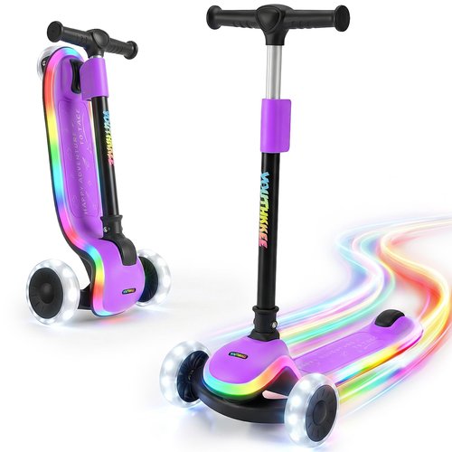Youthkkee Kids Kick Scooter with LED Light-Up Wheels & Deck, 3-Wheel Folding Scooter for Ages 3-10, Adjustable Height, Extra Wide Anti-Slip Deck for Boys Girls
