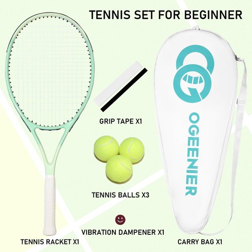 OGEENIER 27" Tennis Racket for Adults, Pre-Strung Tennis Racquet for Beginners, Lightweight and Recreational Rackets with 1 Overgrip and 3 Tennis Balls