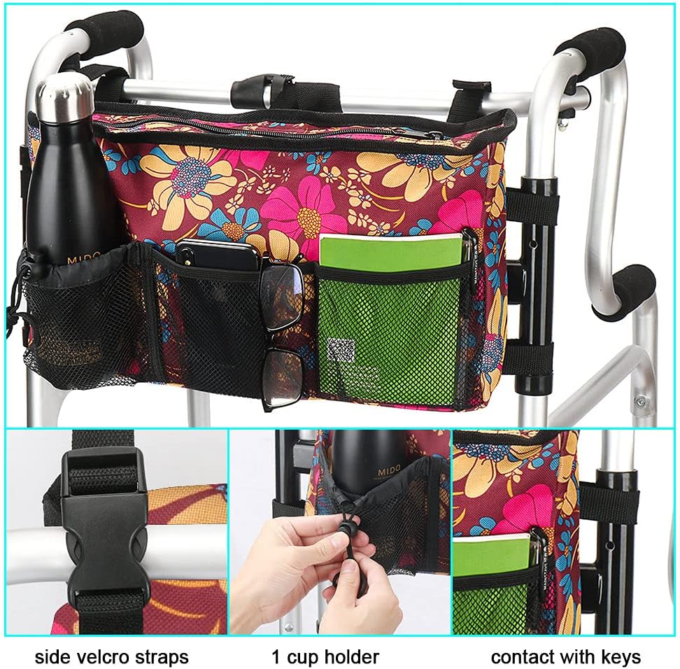 Walker Bag - Water-Resistant Pouch with 6 Pockets for Rollators & Wheelchairs | Floral Design