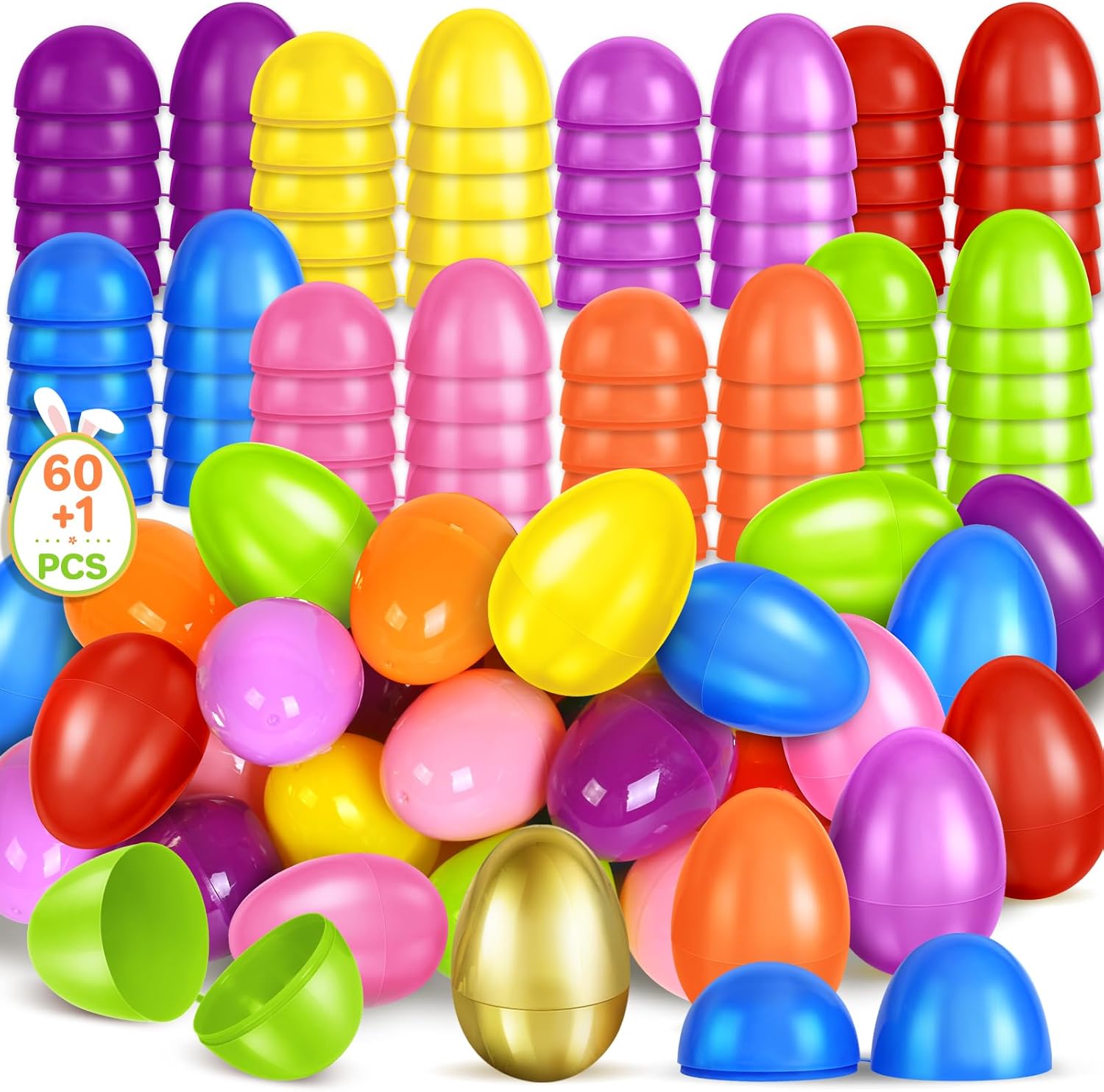 SpringFlower Colorful 2.3” Unfilled Easter Eggs - 60 Pack Plus 1 Golden Egg for Candy & Treats