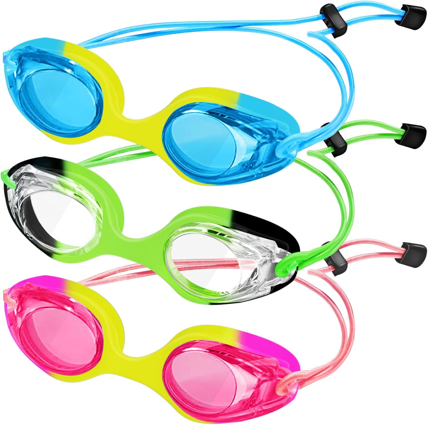 XDX Kids Swim Goggles - 3 Pack With Adjustable Bungee Strap | Anti-Fog, Leak-Proof for Ages 3-14