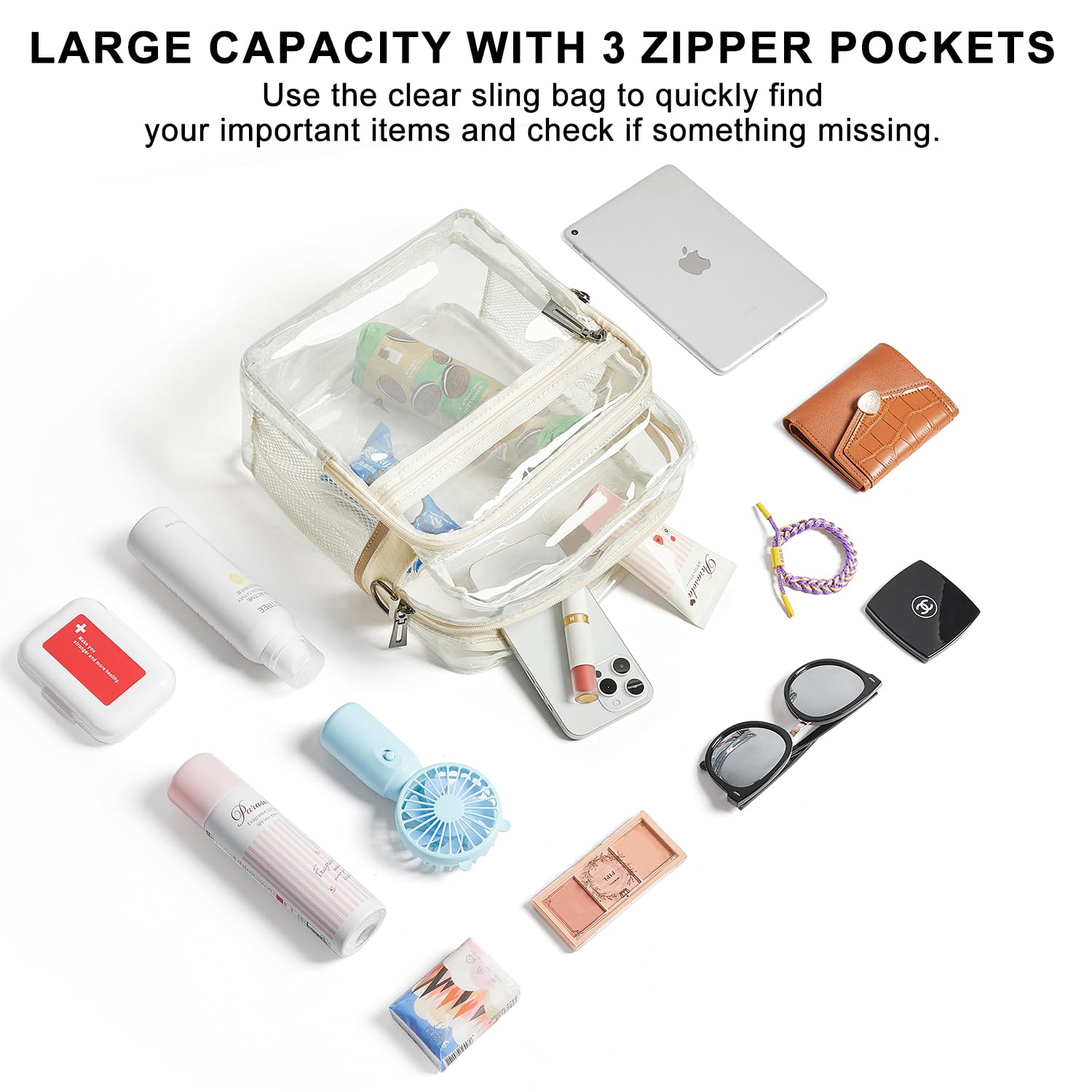 LATMAP Clear Bag for Stadium Events 12x6x12 Clear Purse with 3-Zipper Pockets Crossbody Handbag Tote for Concerts Sports