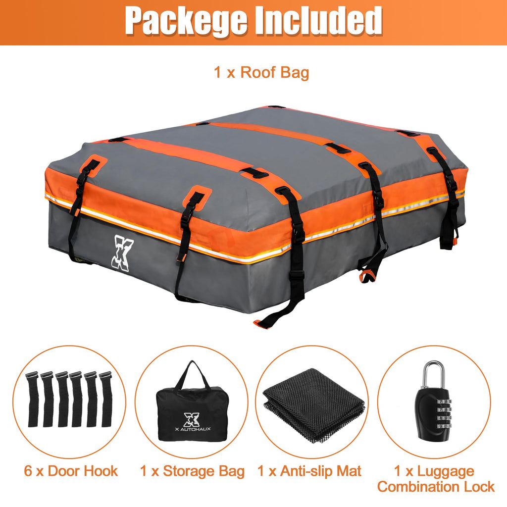 X AUTOHAUX 1000D PVC Waterproof Car Roof Bag Rooftop Cargo Carrier Bag Luggage Carriers for Cars with or without Rack Anti-Slip Mat 6 Door Hooks Set Gray - 15 Cubic Feet