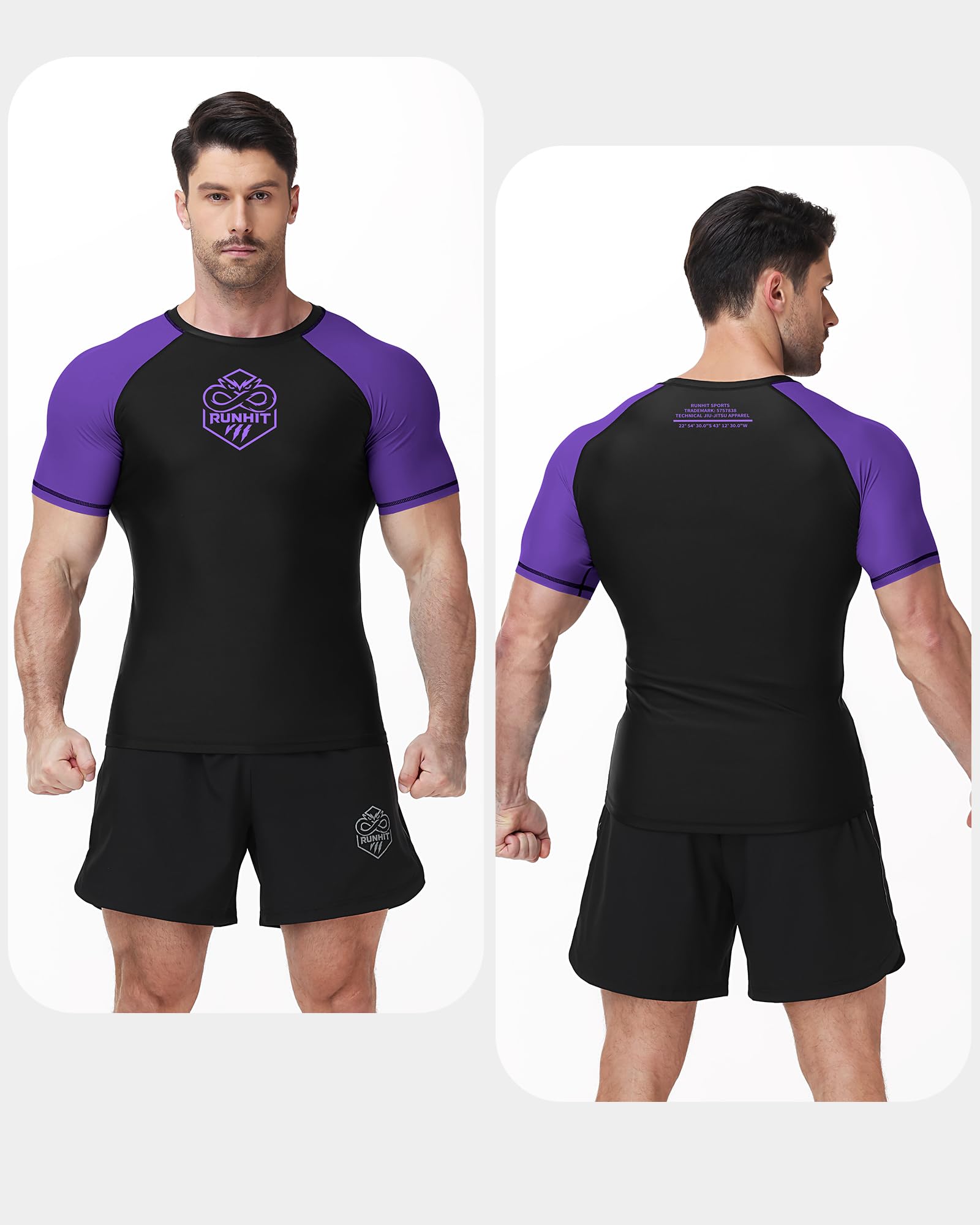 Runhit Men’s BJJ Rash Guard Short Sleeve No Gi Ranked Jiu Jitsu Compression Shirt for MMA Grappling Swimming Training Base Layer Quick Dry Purple XL