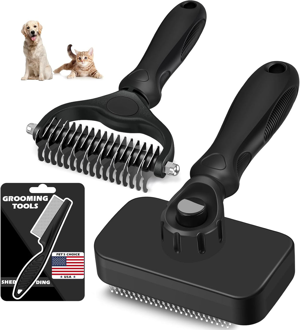 Skiennix 3PCS Pet Grooming Set - Self-Cleaning Slicker Brush, Rake & Flea Comb for Dogs, Cats & Horses | Black