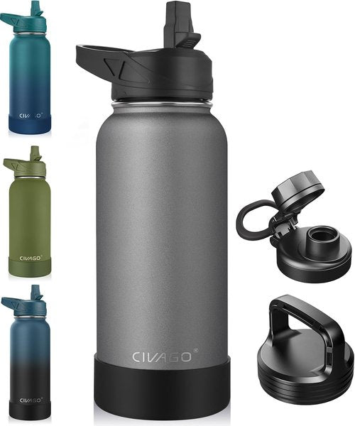 CIVAGO 32 oz Insulated Water Bottle - Stainless Steel Sports Flask with 3 Lids | Cool Gray