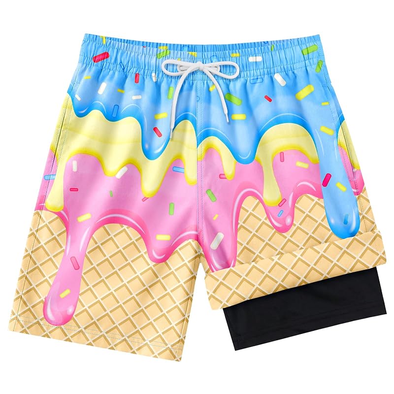 Summer Ice Cream 10-12 Years Boys Swim Trunks with Compression Liner, Quick-Dry Beach Shorts