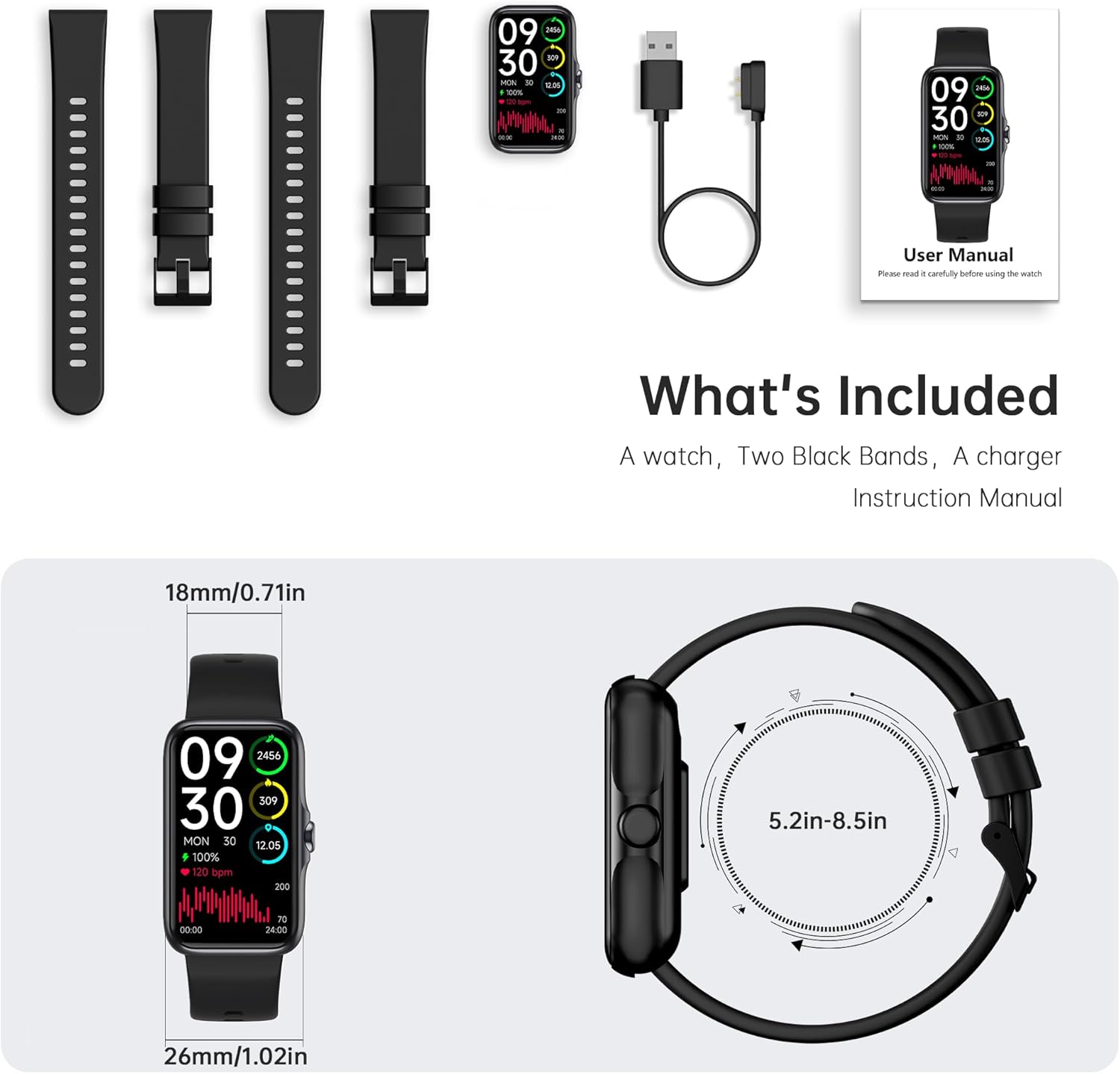 Sunorshop Health Fitness Tracker, Smart Watch with 24/7 Heart Rate and Blood Oxygen Monitor, Sleep Tracker with IP68 Waterproof, Activity Tracker Pedometer Step Counter for Women Men (Black)