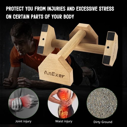 AnExer 40CM Push Up Bars Stands with Non-Slip Base, 2 PCS Wooden Parallettes Handle Stands Grip for Men Strength Training, Planks Calisthenics