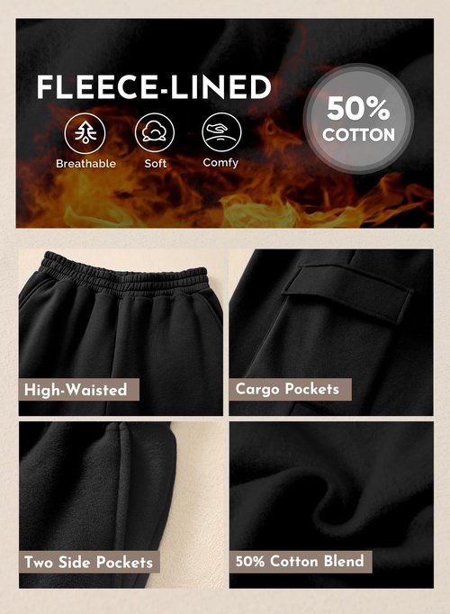 Aleumdr Cargo Sweatpants for Women Joggers Baggy Sweat Fall Pants 2025 Athletic Cotton High Waisted Fleece Lined Casual Pants with Pockets Black Medium