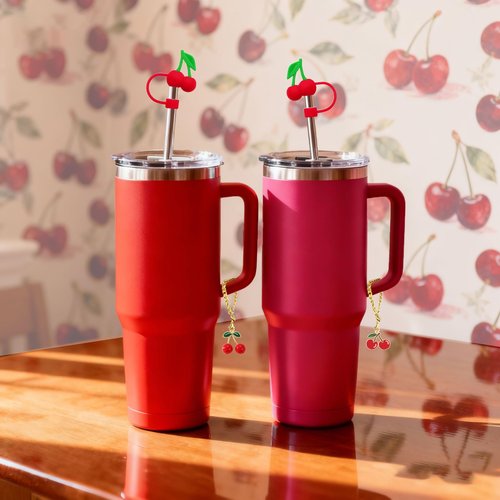 LUHOHI 4Pcs Red Cherry Charms Accessories for Stanley Cup, 3D Cherry Straws Toppers 10mm Cute Reusable Silicone Covers Fruit Set for Stanley 40 30oz Tumbler Handle Water Bottle Decorations
