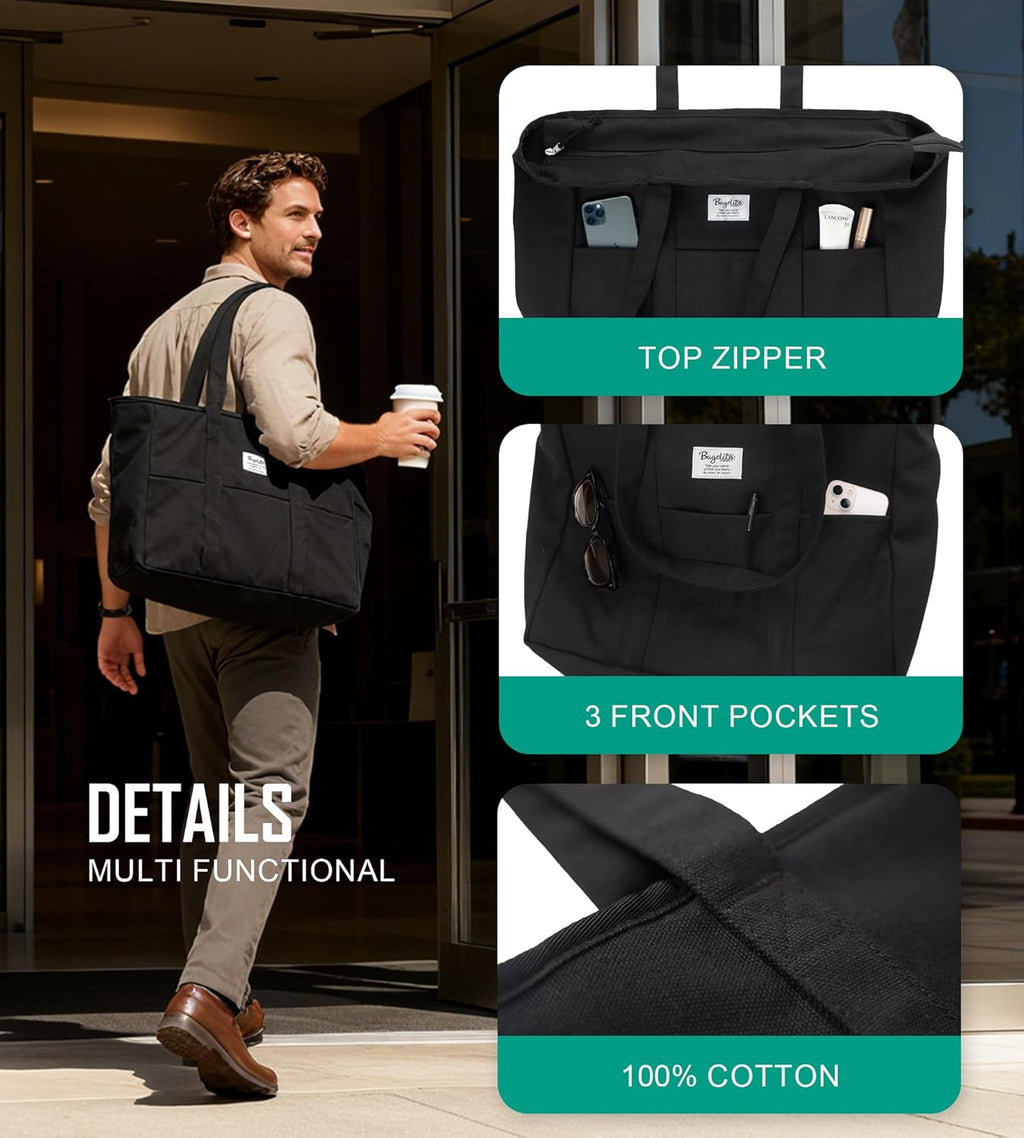 Skiennix Extra Large Canvas Tote Bag - Versatile Utility Work Bag with Zipper for Men & Women